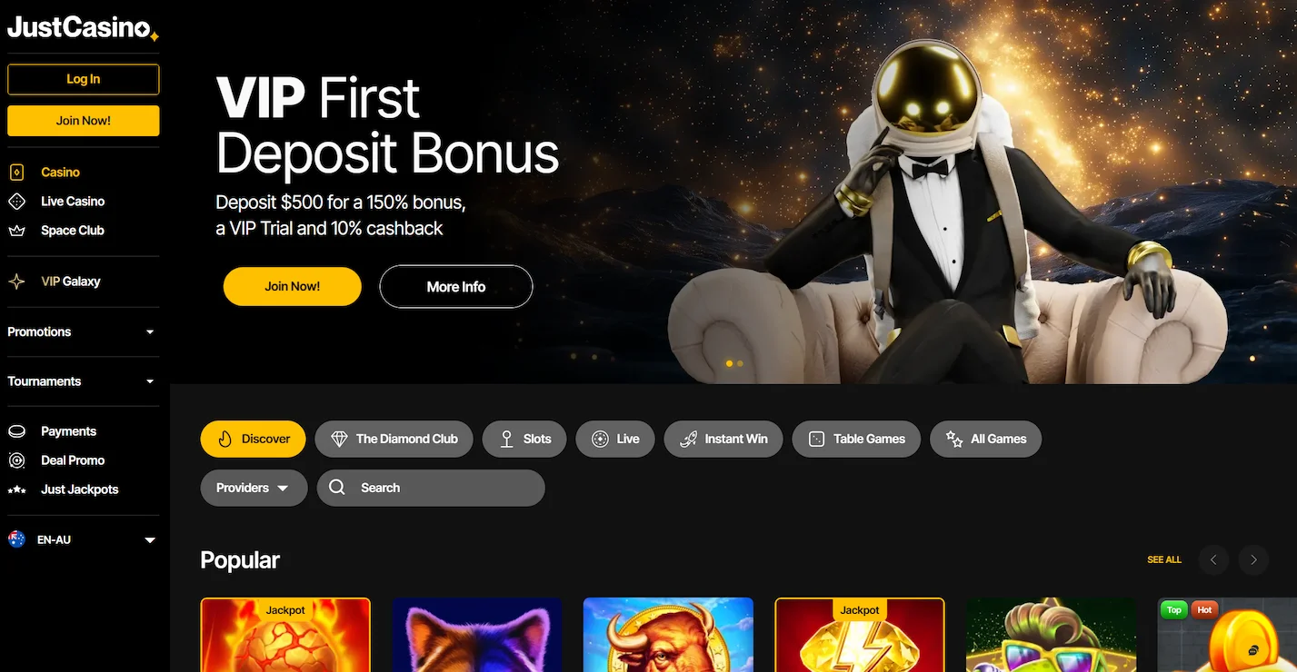 JustCasino homepage showing VIP first deposit bonus offer, online pokies and site main navigation