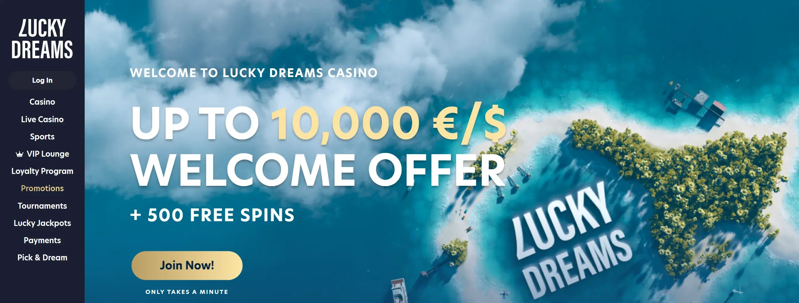 Lucky Dreams casino homepage showing welcome bonus offer and site main navigation